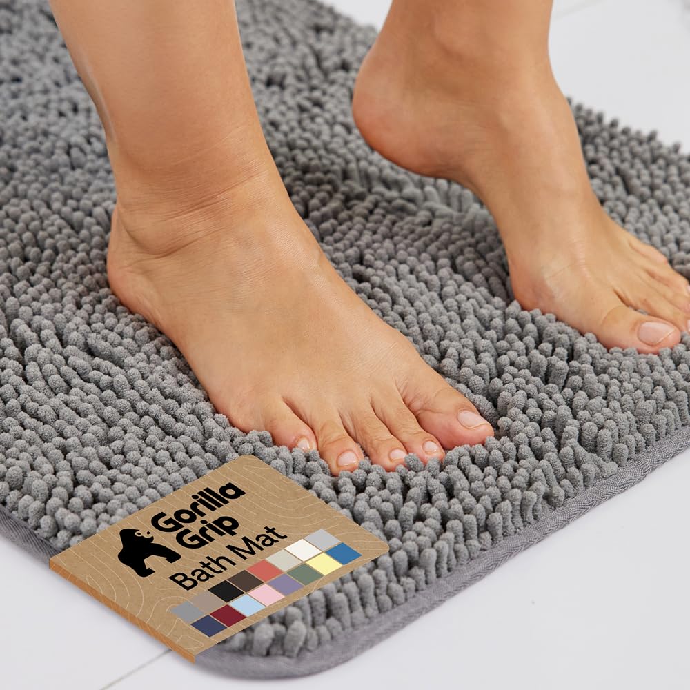 GORILLA GRIP Bath Rug Mat 36x24, Thick Soft Absorbent Chenille, Quick Dry Microfiber Mats, Rubber Backing Washable Shower Floor Rugs, Bathmat Runner, US Designed Bathroom Home Decor Accessories Grey