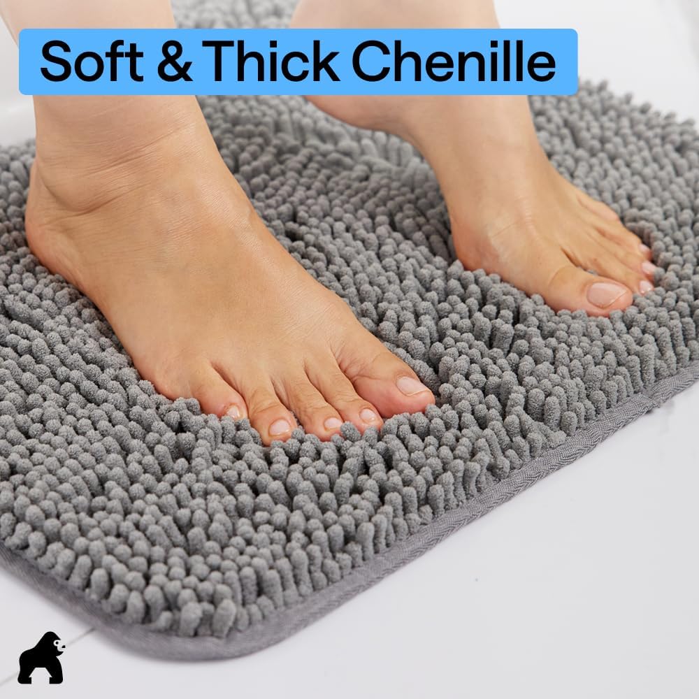 GORILLA GRIP Bath Rug Mat 36x24, Thick Soft Absorbent Chenille, Quick Dry Microfiber Mats, Rubber Backing Washable Shower Floor Rugs, Bathmat Runner, US Designed Bathroom Home Decor Accessories Grey