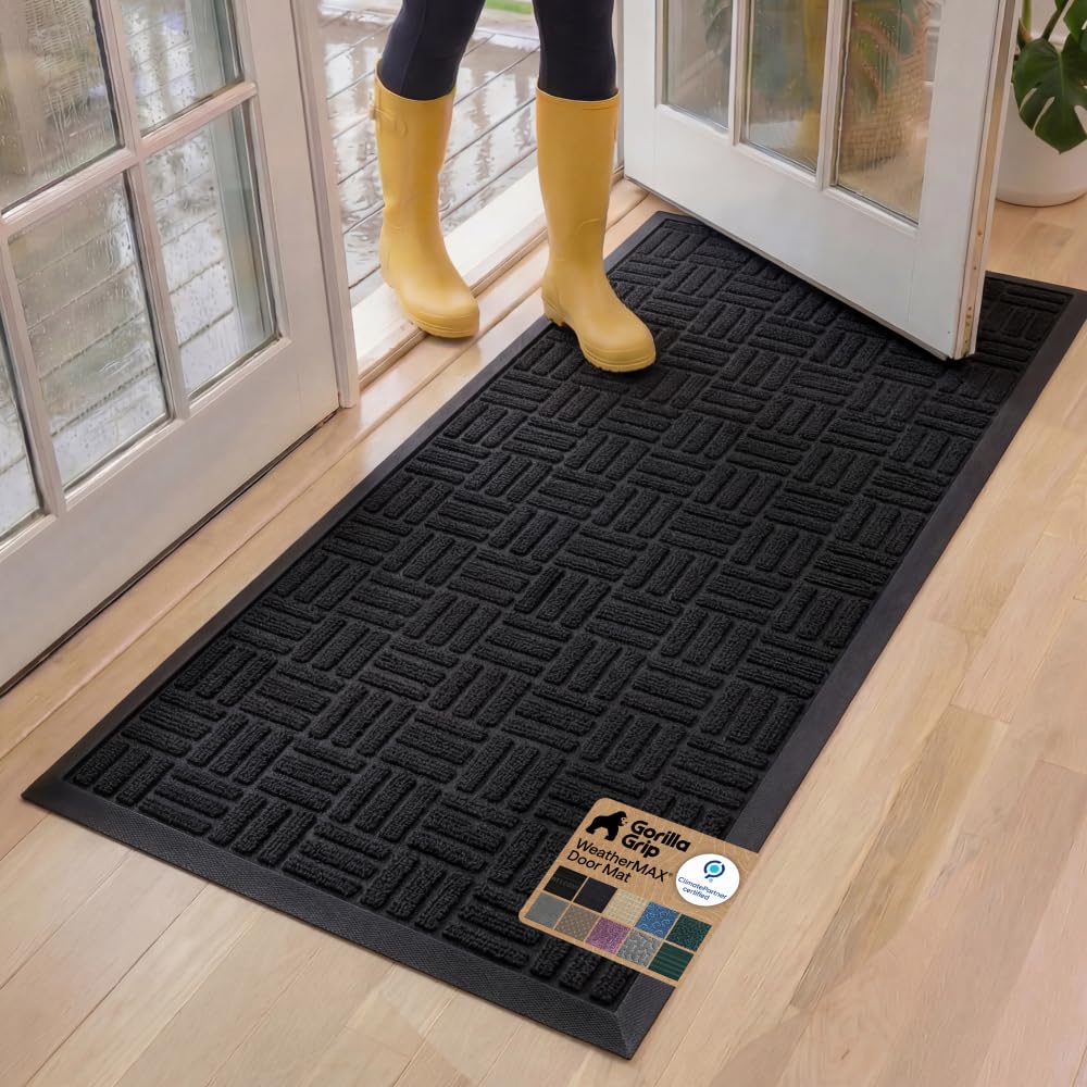 GORILLA GRIP 100% Waterproof All-Season WeatherMAX Doormat US Designed Natural Rubber, Stain Fade Resistant, Low Profile Indoor Outdoor Door Mats, Easy Clean, 29x17 Gray Diamond