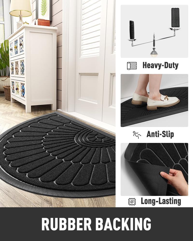 tchdio Door Mat Outdoor Indoor Entrance Doormat-Semicircular Durable Rubber Non Slip Front Door Mat for Outside Inside Entry Entryway Dirt Trapper WelcomeMat for Muddy Paws and Shoes-Black 17”x30”