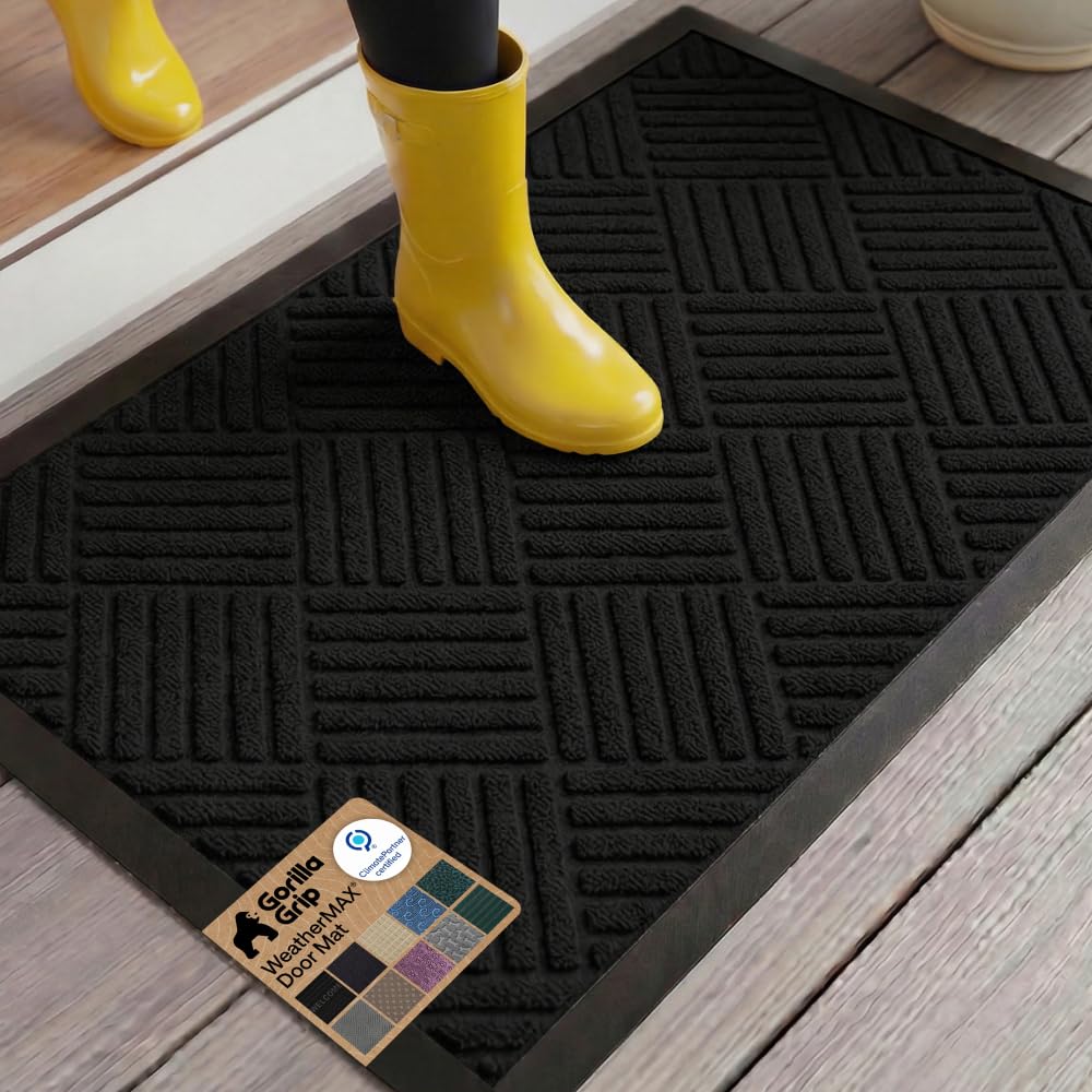 GORILLA GRIP 100% Waterproof All-Season WeatherMAX Doormat US Designed Natural Rubber, Stain Fade Resistant, Low Profile Indoor Outdoor Door Mats, Easy Clean, 29x17 Gray Diamond