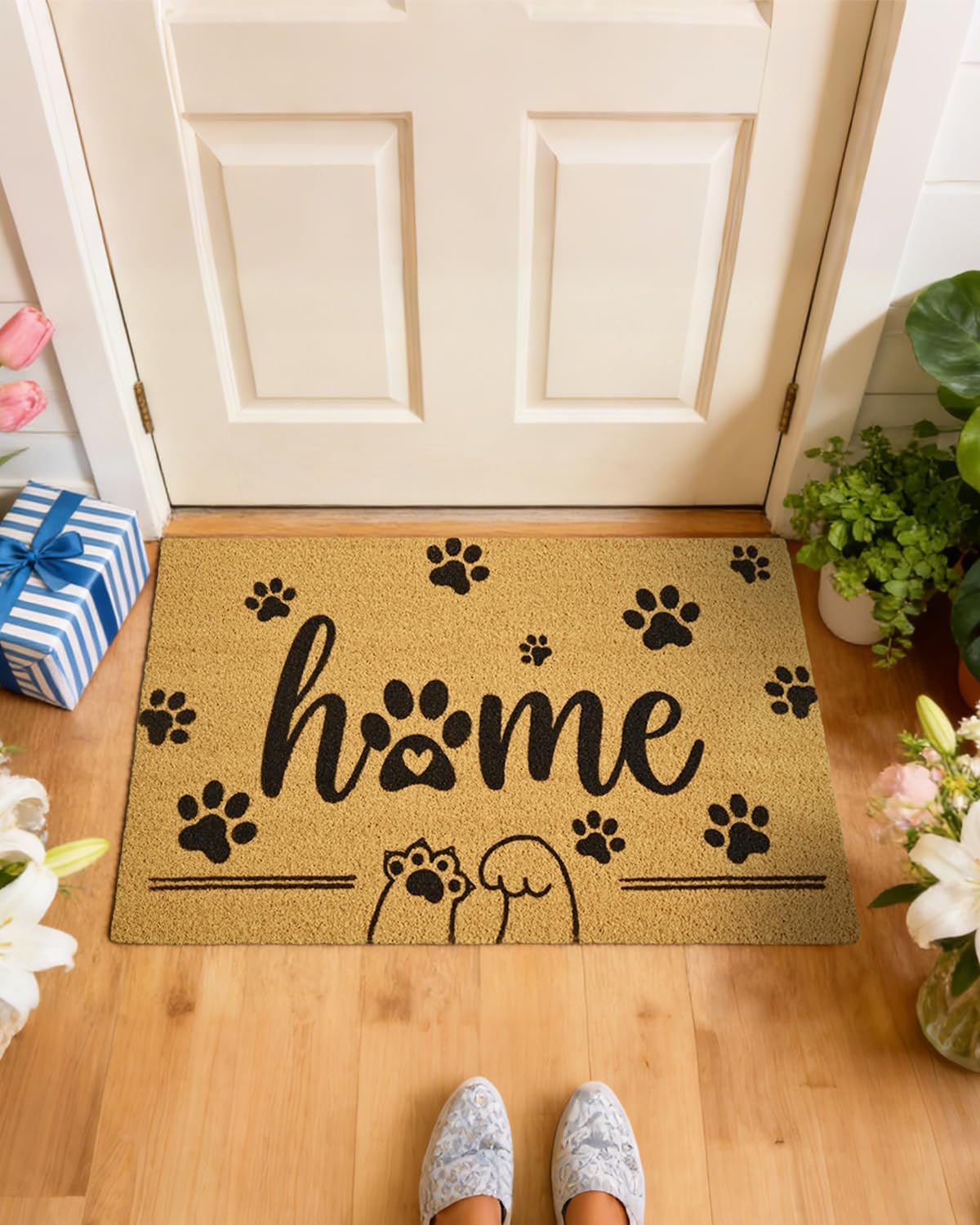 Gifeas Front Door Mat for Entrance, 17x30 Home Paws Welcome Mats with Heavy Duty Backing for Outdoor Indoor, Faux Coco Coir Doormat for Outside Porch Garage Farmhouse Home Funny Decor