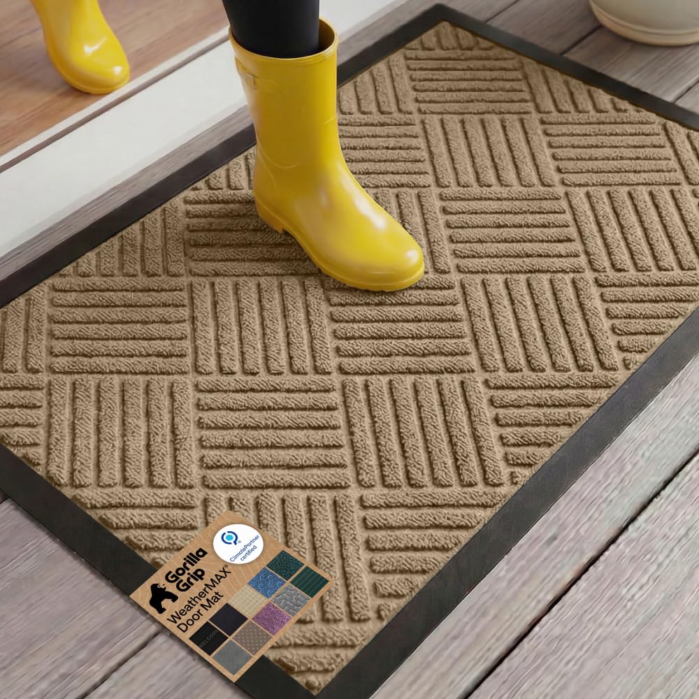 GORILLA GRIP 100% Waterproof All-Season WeatherMAX Doormat US Designed Natural Rubber, Stain Fade Resistant, Low Profile Indoor Outdoor Door Mats, Easy Clean, 29x17 Gray Diamond