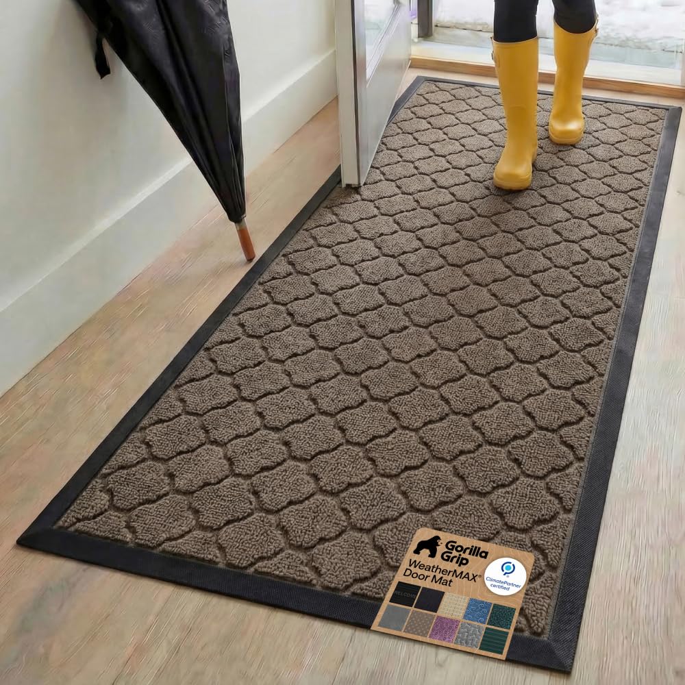 GORILLA GRIP 100% Waterproof All-Season WeatherMAX Doormat US Designed Natural Rubber, Stain Fade Resistant, Low Profile Indoor Outdoor Door Mats, Easy Clean, 29x17 Gray Diamond
