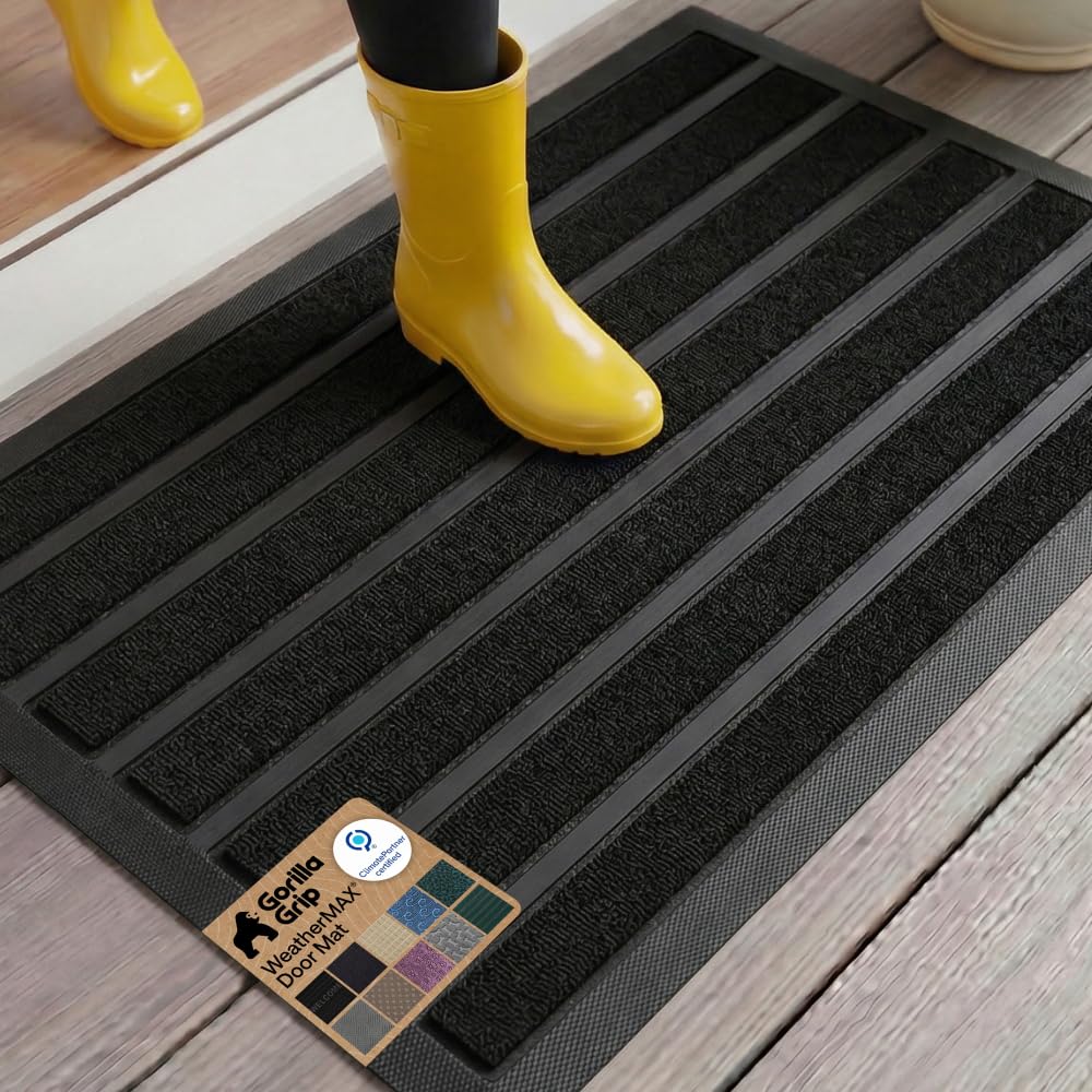 GORILLA GRIP 100% Waterproof All-Season WeatherMAX Doormat US Designed Natural Rubber, Stain Fade Resistant, Low Profile Indoor Outdoor Door Mats, Easy Clean, 29x17 Gray Diamond