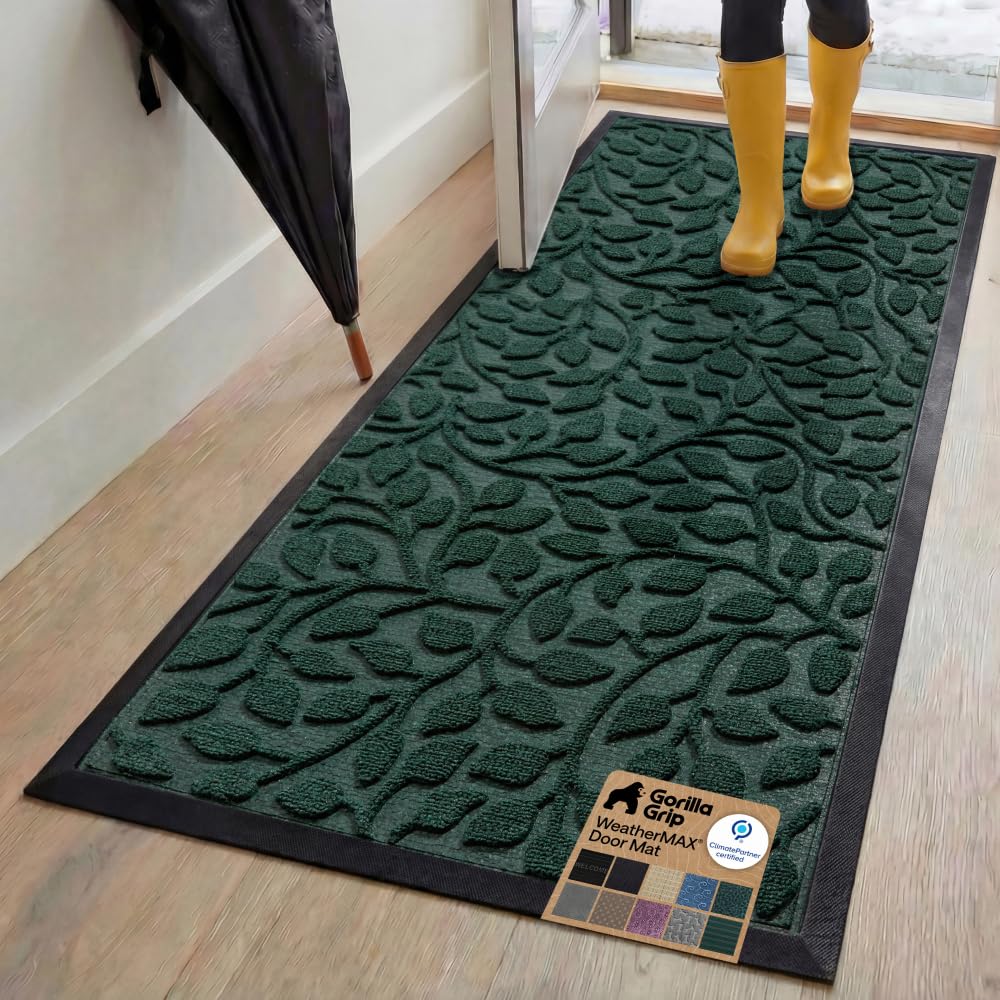 GORILLA GRIP 100% Waterproof All-Season WeatherMAX Doormat US Designed Natural Rubber, Stain Fade Resistant, Low Profile Indoor Outdoor Door Mats, Easy Clean, 29x17 Gray Diamond