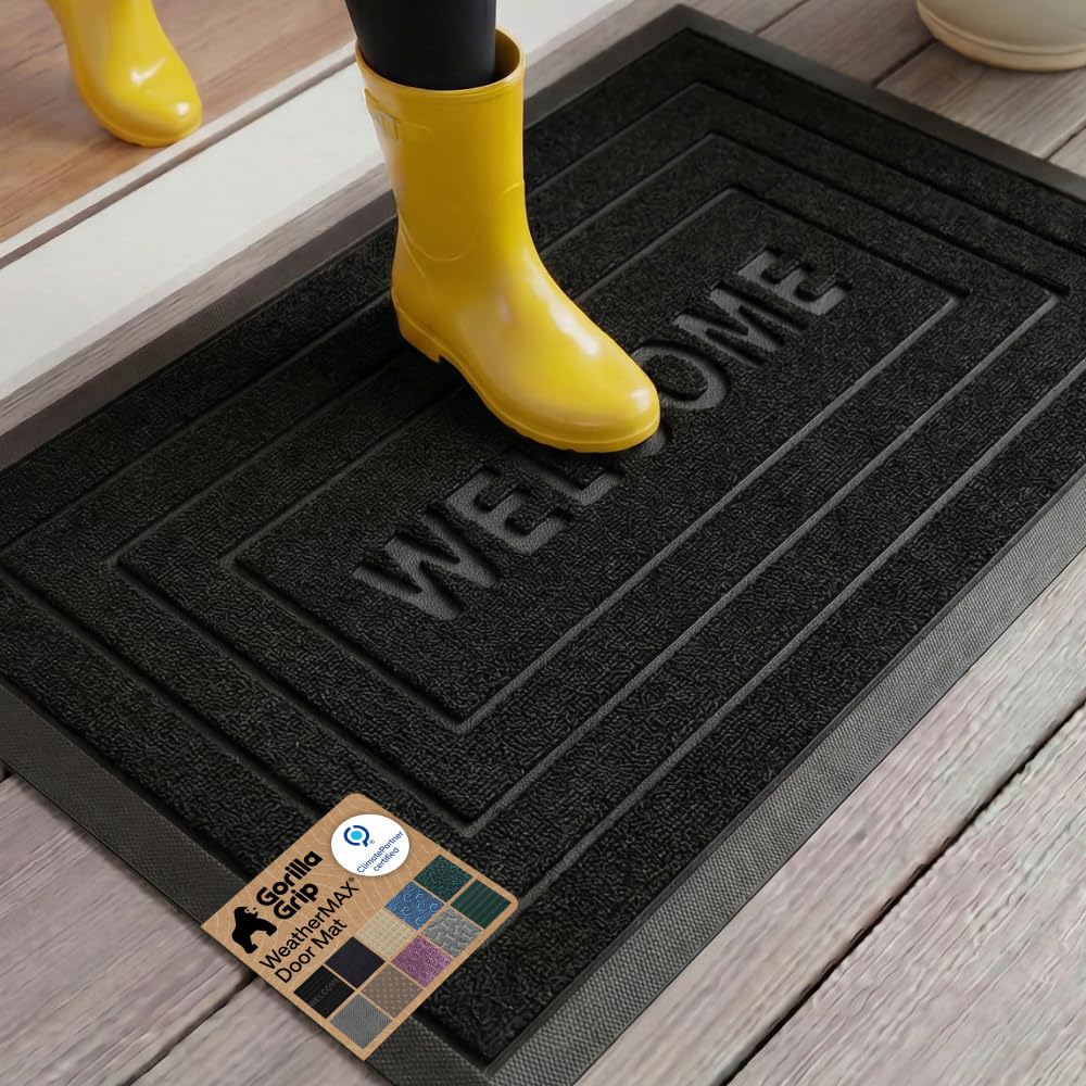 GORILLA GRIP 100% Waterproof All-Season WeatherMAX Doormat US Designed Natural Rubber, Stain Fade Resistant, Low Profile Indoor Outdoor Door Mats, Easy Clean, 29x17 Gray Diamond