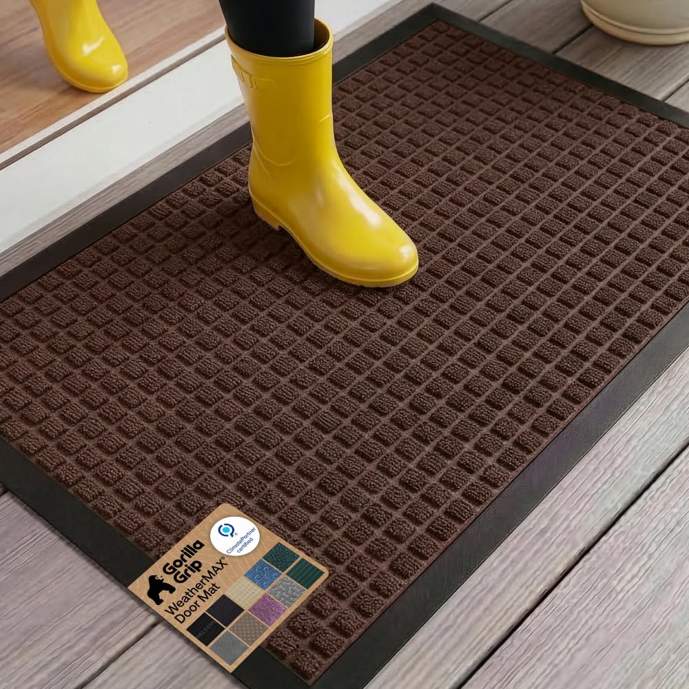 GORILLA GRIP 100% Waterproof All-Season WeatherMAX Doormat US Designed Natural Rubber, Stain Fade Resistant, Low Profile Indoor Outdoor Door Mats, Easy Clean, 29x17 Gray Diamond