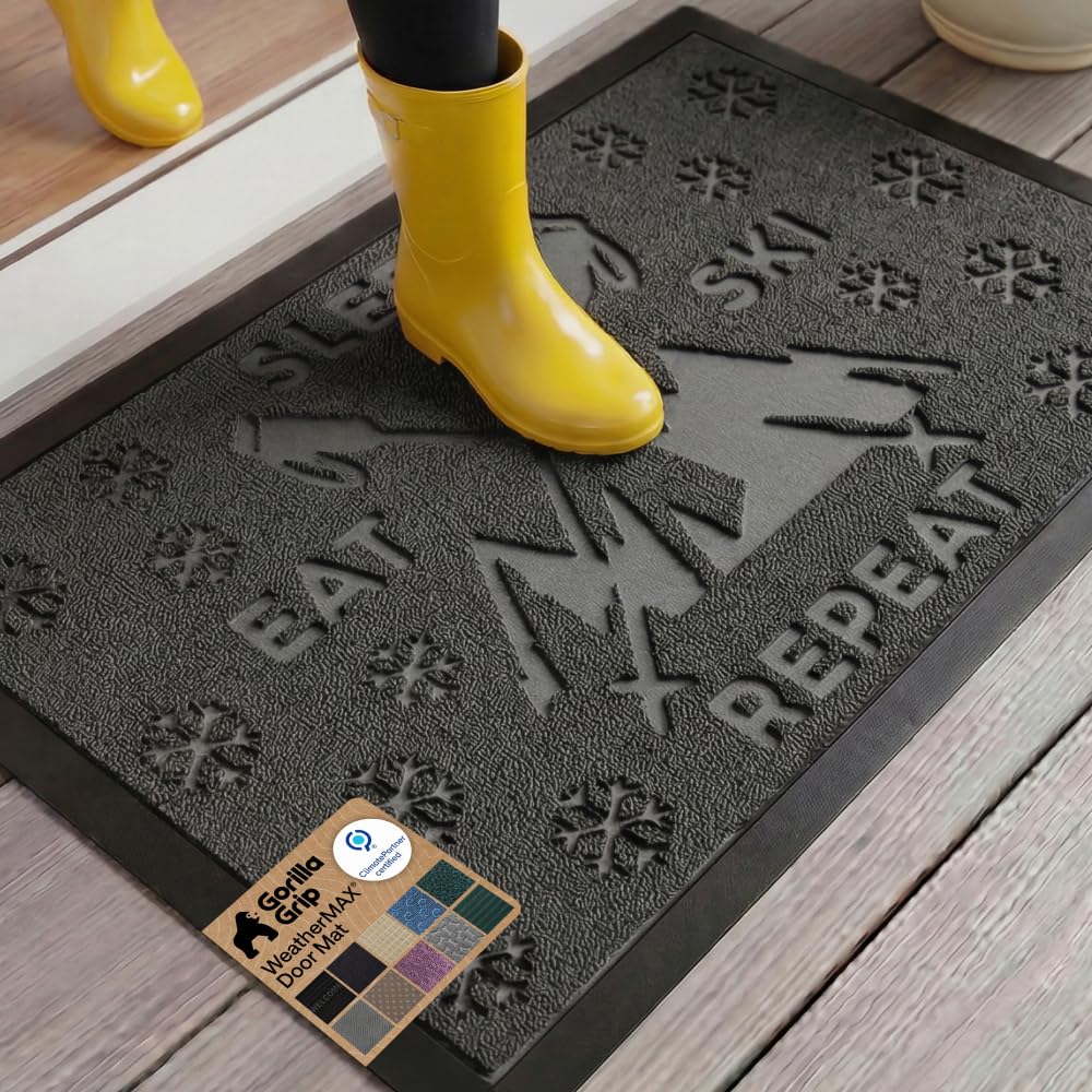 GORILLA GRIP 100% Waterproof All-Season WeatherMAX Doormat US Designed Natural Rubber, Stain Fade Resistant, Low Profile Indoor Outdoor Door Mats, Easy Clean, 29x17 Gray Diamond