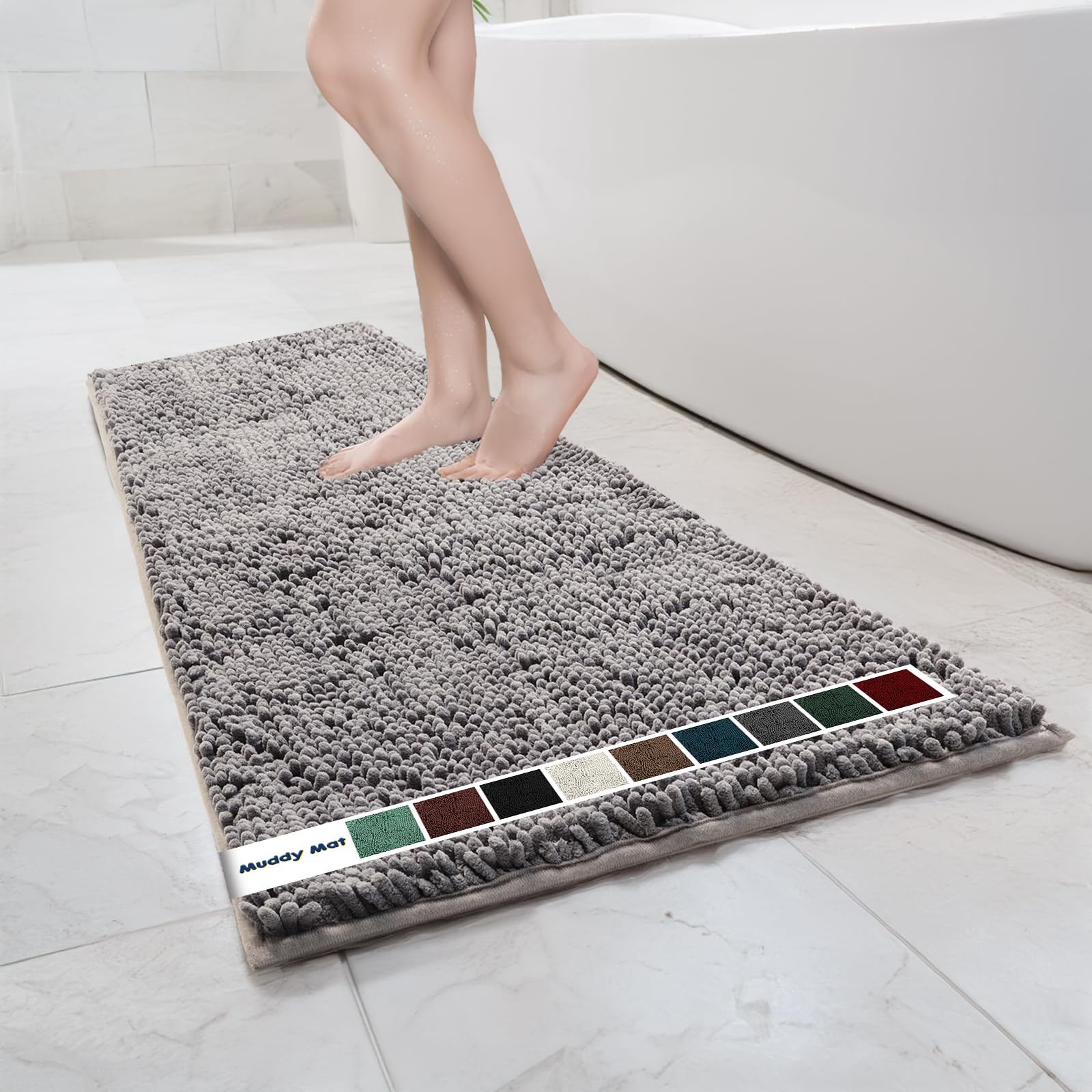 Muddy Mat Chenille Bathroom Rugs Quick Dry Microfiber Mats Non Slip Washable, Extra Thick, Soft and Highly Absorbent Bath Mats for Bathroom, Kitchen, and Shower Floor - Grey Medium 30"X19"