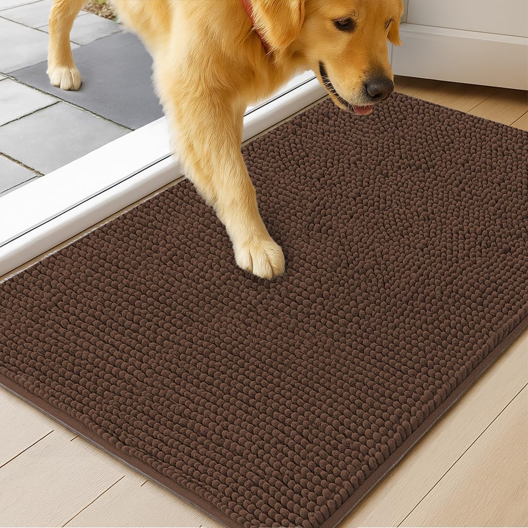 MudGuard Mat™ Dog Door Mat for Muddy Paws, Super Absorbent Microfiber, Non-Slip Indoor Mat, Quick Dry Chenille Mud Mat for Dogs & Entryway, Washable, Choco 19" x 30"
