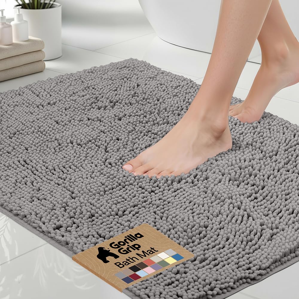 GORILLA GRIP Bath Rug Mat 36x24, Thick Soft Absorbent Chenille, Quick Dry Microfiber Mats, Rubber Backing Washable Shower Floor Rugs, Bathmat Runner, US Designed Bathroom Home Decor Accessories Grey