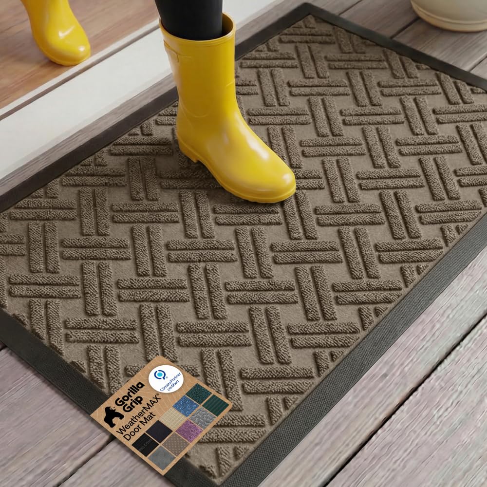 GORILLA GRIP 100% Waterproof All-Season WeatherMAX Doormat US Designed Natural Rubber, Stain Fade Resistant, Low Profile Indoor Outdoor Door Mats, Easy Clean, 29x17 Gray Diamond