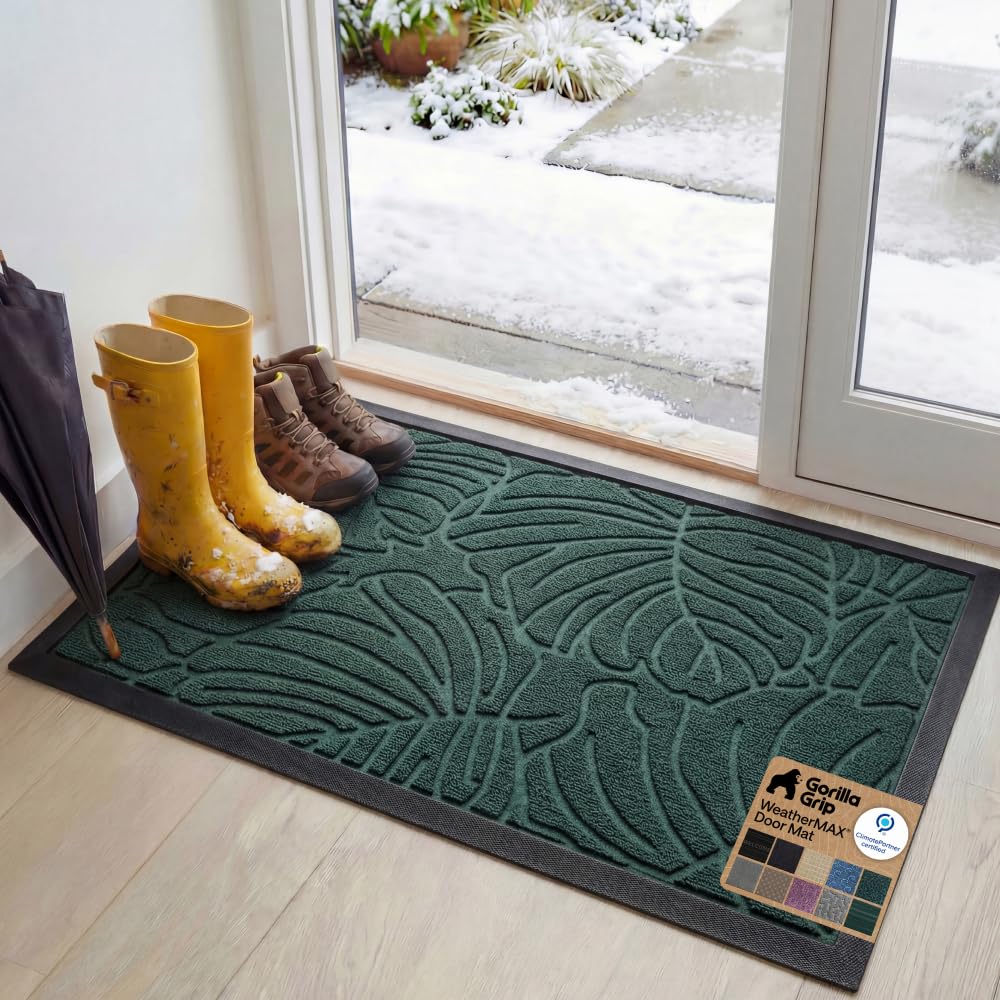 GORILLA GRIP 100% Waterproof All-Season WeatherMAX Doormat US Designed Natural Rubber, Stain Fade Resistant, Low Profile Indoor Outdoor Door Mats, Easy Clean, 29x17 Gray Diamond