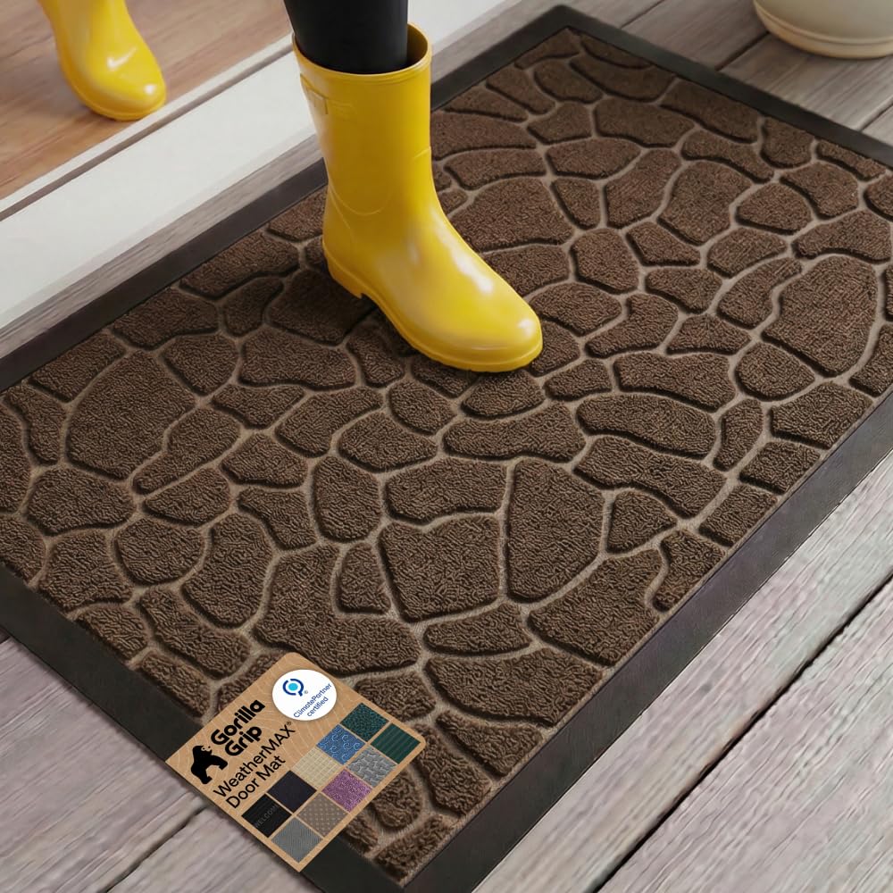 GORILLA GRIP 100% Waterproof All-Season WeatherMAX Doormat US Designed Natural Rubber, Stain Fade Resistant, Low Profile Indoor Outdoor Door Mats, Easy Clean, 29x17 Gray Diamond