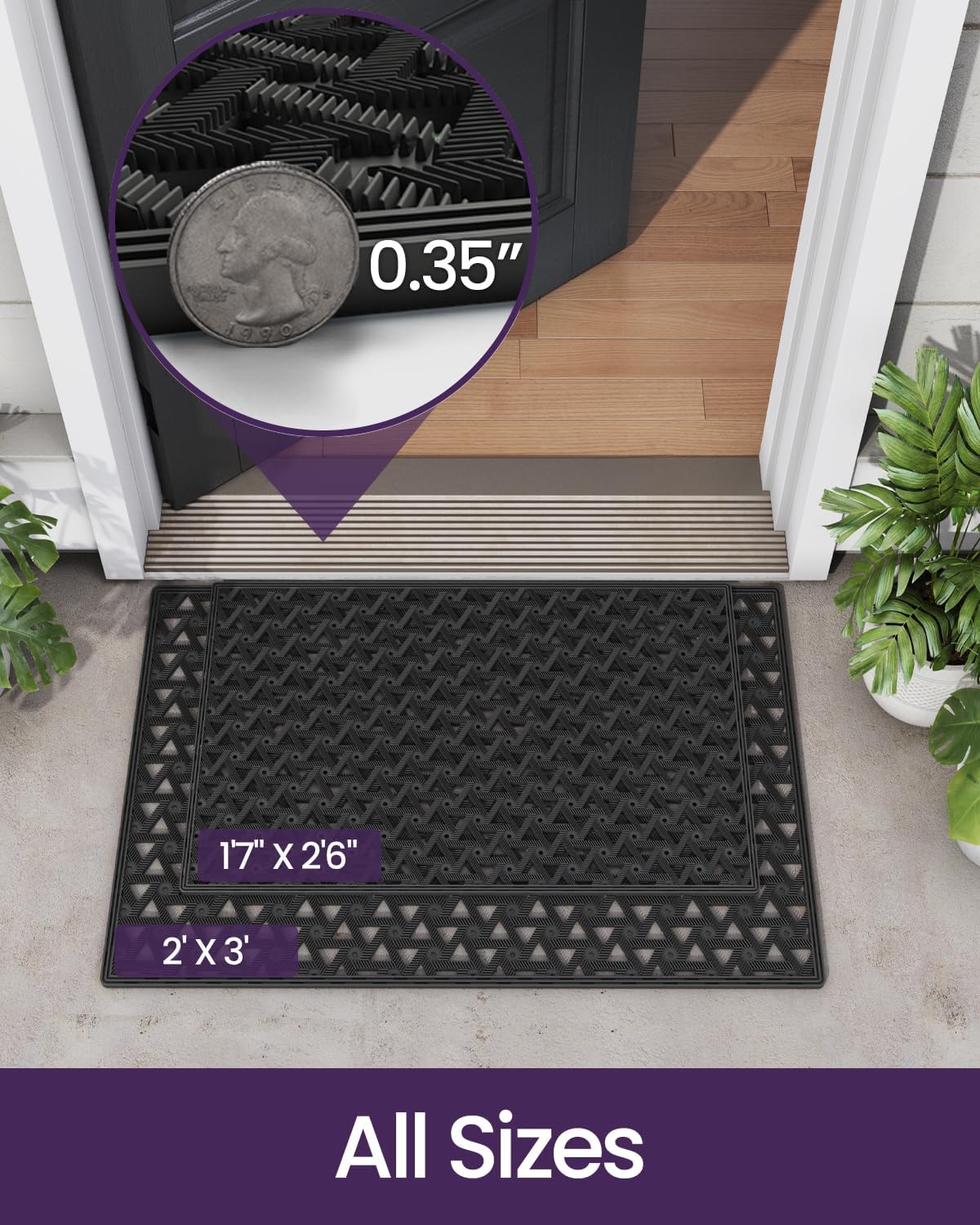 DEXI Front Door Mat Outside Entrance Rubber 19x30, Welcome Floor Doormat Heavy Duty Non Slip, Dirt Trapper Waterproof Exterior Entry Mats All Weather for Patio Entryway Drainage, Black