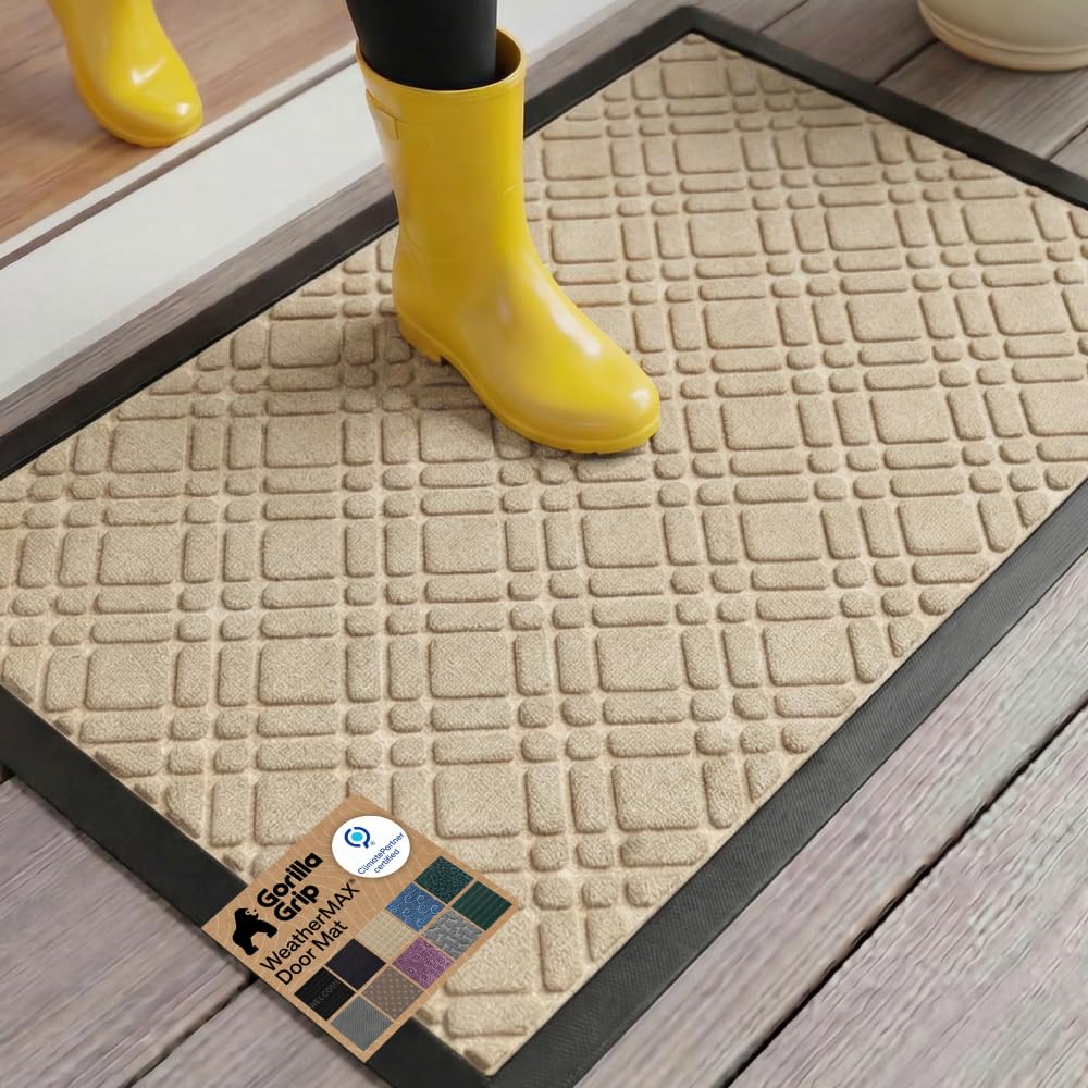 GORILLA GRIP 100% Waterproof All-Season WeatherMAX Doormat US Designed Natural Rubber, Stain Fade Resistant, Low Profile Indoor Outdoor Door Mats, Easy Clean, 29x17 Gray Diamond