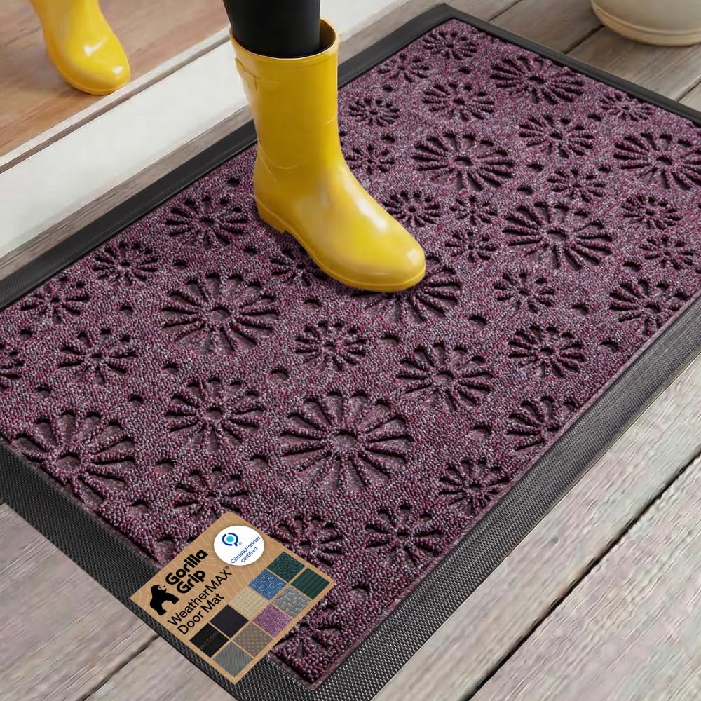 GORILLA GRIP 100% Waterproof All-Season WeatherMAX Doormat US Designed Natural Rubber, Stain Fade Resistant, Low Profile Indoor Outdoor Door Mats, Easy Clean, 29x17 Gray Diamond