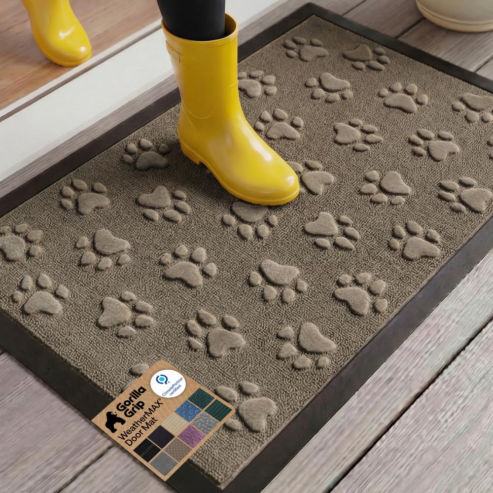 GORILLA GRIP 100% Waterproof All-Season WeatherMAX Doormat US Designed Natural Rubber, Stain Fade Resistant, Low Profile Indoor Outdoor Door Mats, Easy Clean, 29x17 Gray Diamond