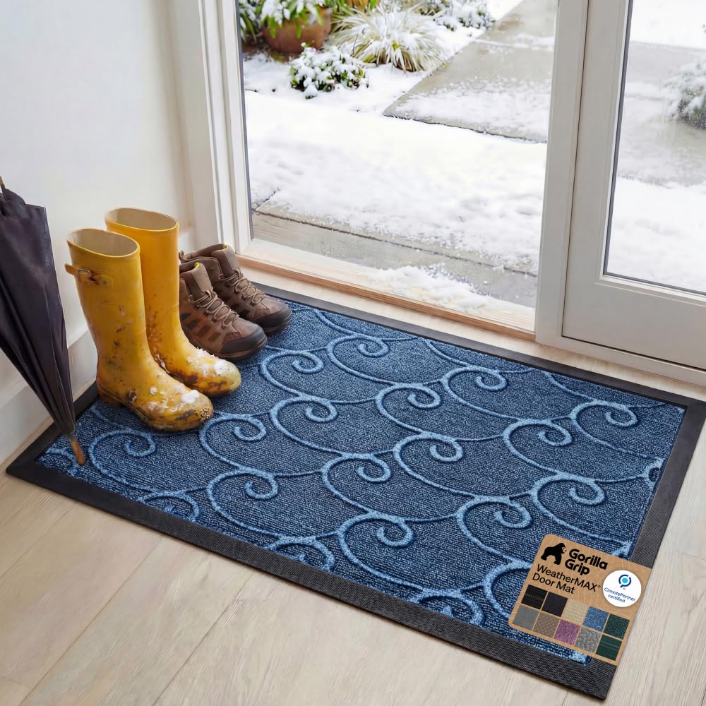 GORILLA GRIP 100% Waterproof All-Season WeatherMAX Doormat US Designed Natural Rubber, Stain Fade Resistant, Low Profile Indoor Outdoor Door Mats, Easy Clean, 29x17 Gray Diamond