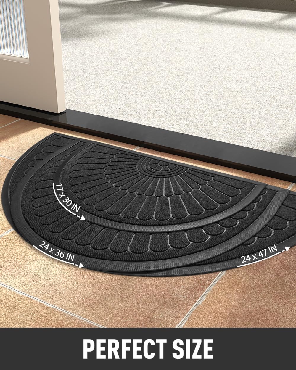 tchdio Door Mat Outdoor Indoor Entrance Doormat-Semicircular Durable Rubber Non Slip Front Door Mat for Outside Inside Entry Entryway Dirt Trapper WelcomeMat for Muddy Paws and Shoes-Black 17”x30”