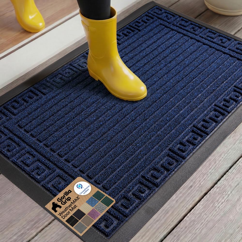 GORILLA GRIP 100% Waterproof All-Season WeatherMAX Doormat US Designed Natural Rubber, Stain Fade Resistant, Low Profile Indoor Outdoor Door Mats, Easy Clean, 29x17 Gray Diamond