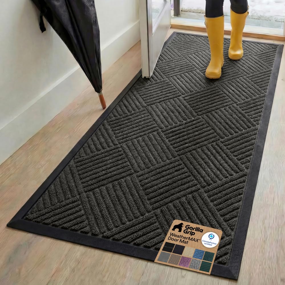 GORILLA GRIP 100% Waterproof All-Season WeatherMAX Doormat US Designed Natural Rubber, Stain Fade Resistant, Low Profile Indoor Outdoor Door Mats, Easy Clean, 29x17 Gray Diamond