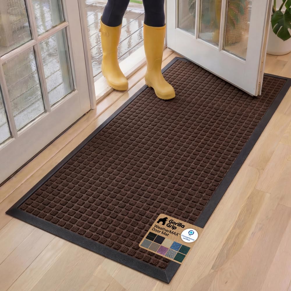 GORILLA GRIP 100% Waterproof All-Season WeatherMAX Doormat US Designed Natural Rubber, Stain Fade Resistant, Low Profile Indoor Outdoor Door Mats, Easy Clean, 29x17 Gray Diamond
