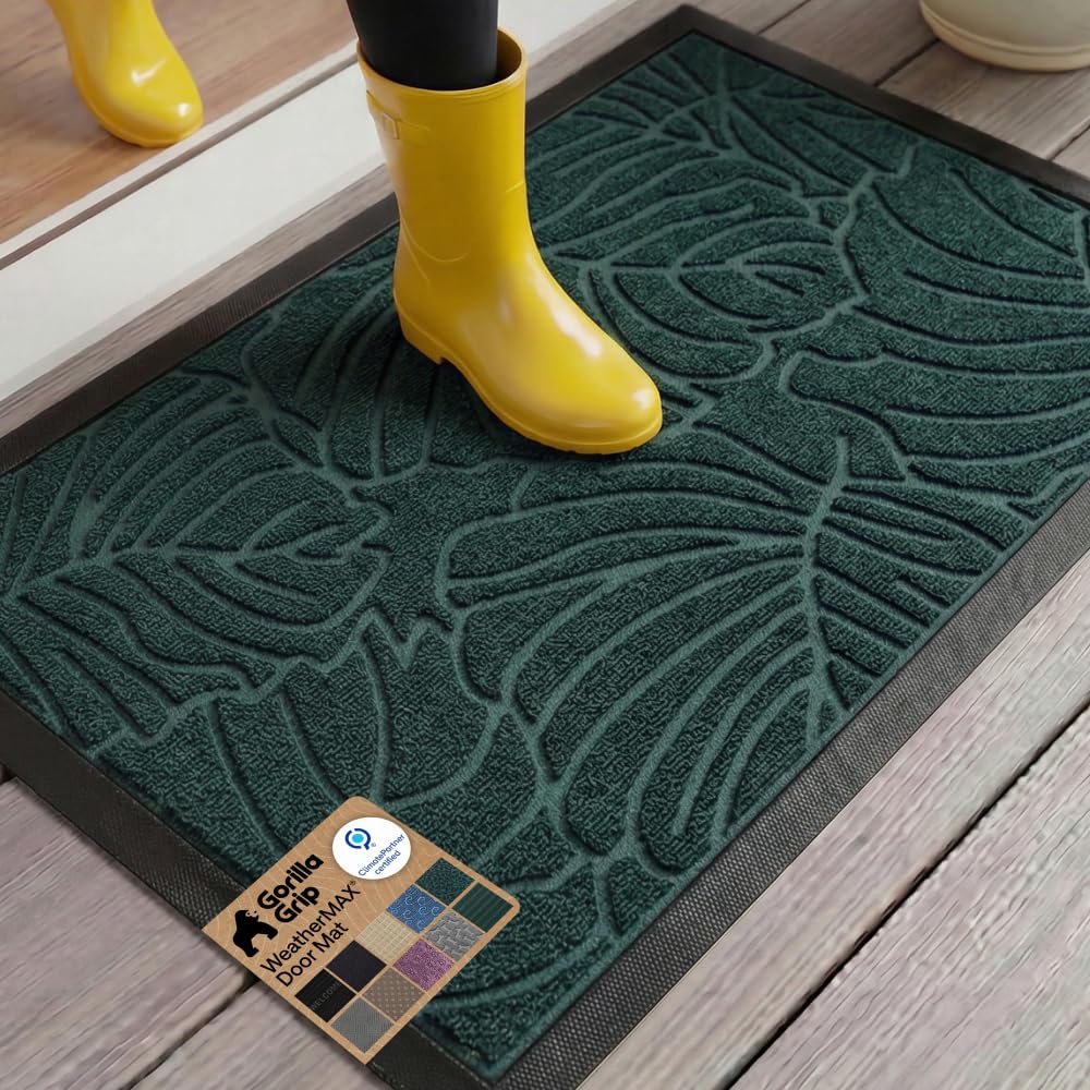 GORILLA GRIP 100% Waterproof All-Season WeatherMAX Doormat US Designed Natural Rubber, Stain Fade Resistant, Low Profile Indoor Outdoor Door Mats, Easy Clean, 29x17 Gray Diamond