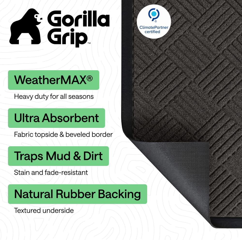 GORILLA GRIP 100% Waterproof All-Season WeatherMAX Doormat US Designed Natural Rubber, Stain Fade Resistant, Low Profile Indoor Outdoor Door Mats, Easy Clean, 29x17 Gray Diamond