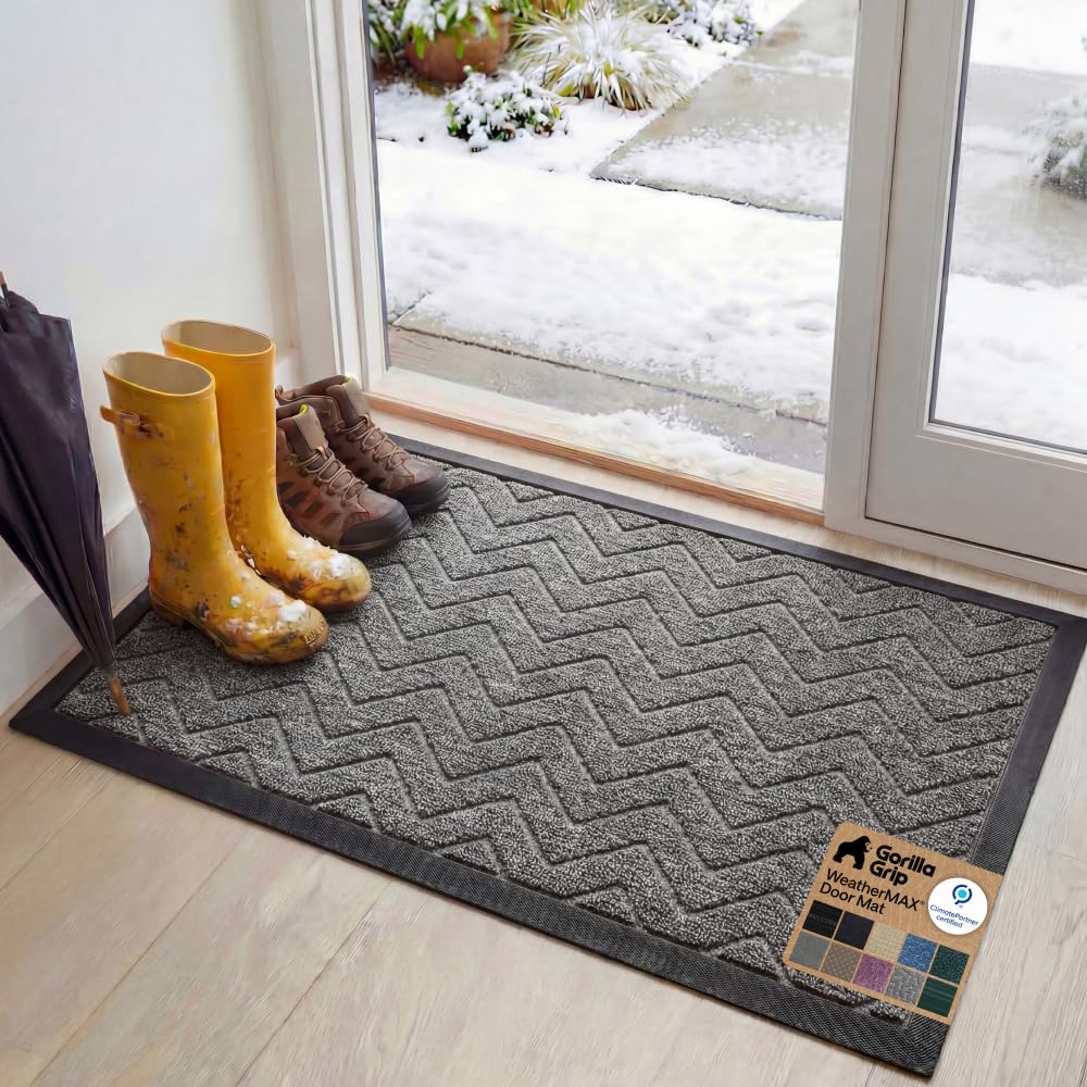 GORILLA GRIP 100% Waterproof All-Season WeatherMAX Doormat US Designed Natural Rubber, Stain Fade Resistant, Low Profile Indoor Outdoor Door Mats, Easy Clean, 29x17 Gray Diamond