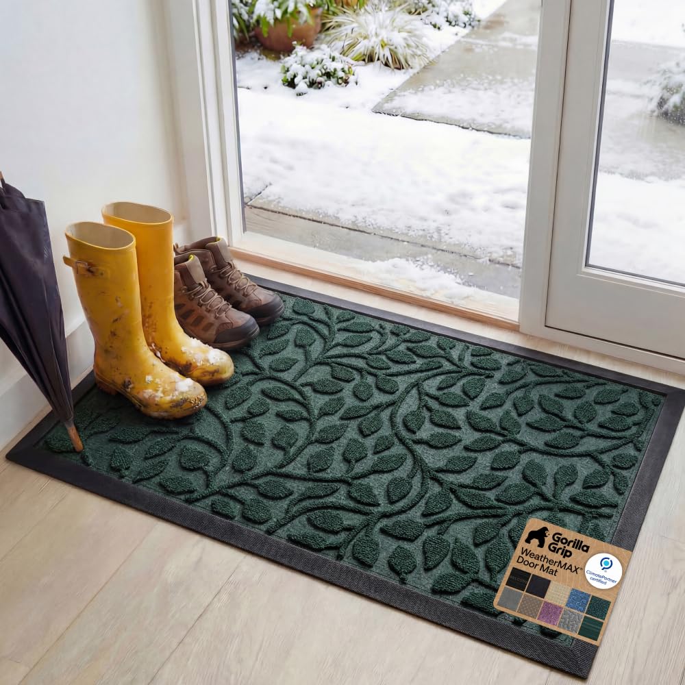 GORILLA GRIP 100% Waterproof All-Season WeatherMAX Doormat US Designed Natural Rubber, Stain Fade Resistant, Low Profile Indoor Outdoor Door Mats, Easy Clean, 29x17 Gray Diamond