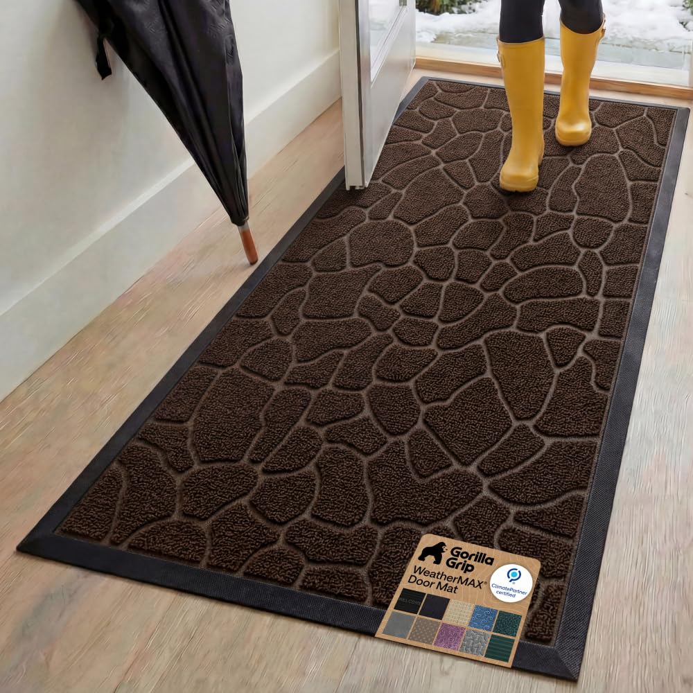 GORILLA GRIP 100% Waterproof All-Season WeatherMAX Doormat US Designed Natural Rubber, Stain Fade Resistant, Low Profile Indoor Outdoor Door Mats, Easy Clean, 29x17 Gray Diamond