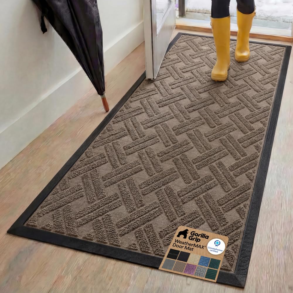 GORILLA GRIP 100% Waterproof All-Season WeatherMAX Doormat US Designed Natural Rubber, Stain Fade Resistant, Low Profile Indoor Outdoor Door Mats, Easy Clean, 29x17 Gray Diamond