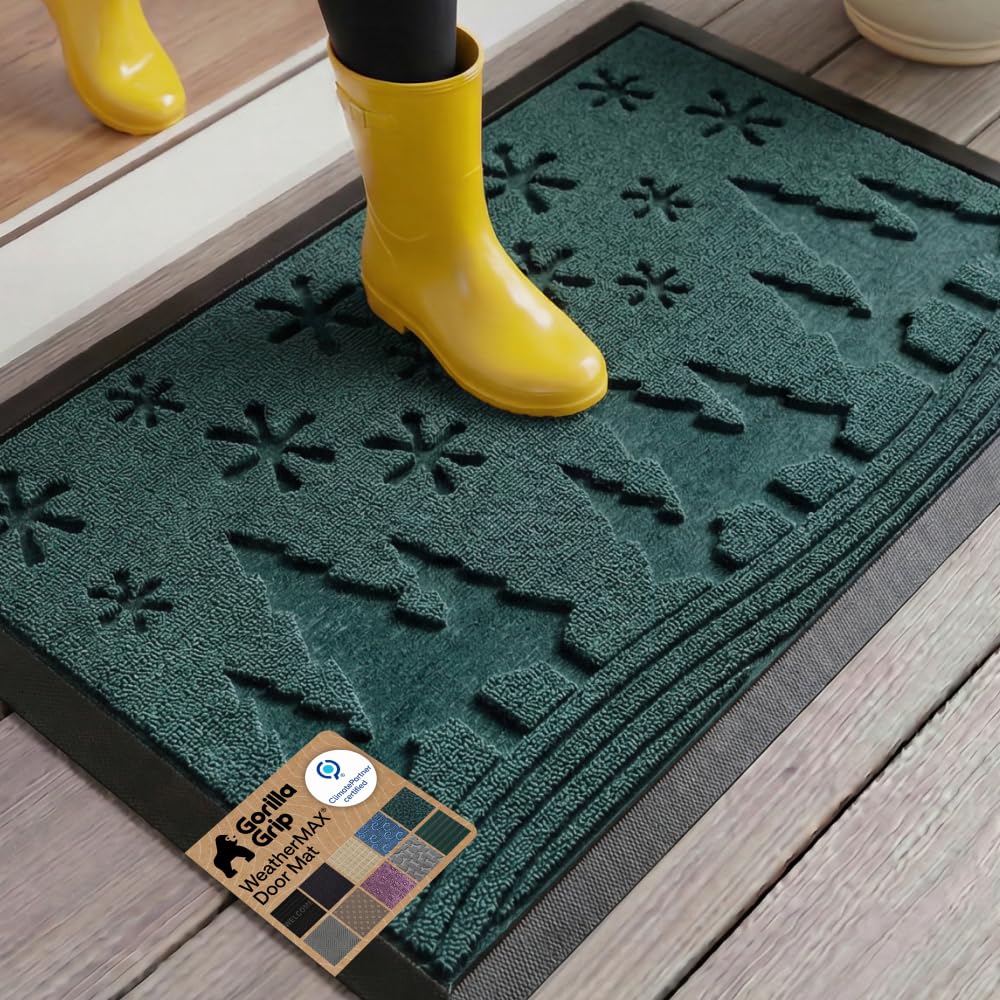 GORILLA GRIP 100% Waterproof All-Season WeatherMAX Doormat US Designed Natural Rubber, Stain Fade Resistant, Low Profile Indoor Outdoor Door Mats, Easy Clean, 29x17 Gray Diamond