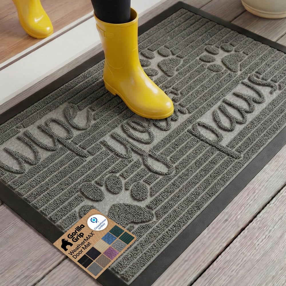 GORILLA GRIP 100% Waterproof All-Season WeatherMAX Doormat US Designed Natural Rubber, Stain Fade Resistant, Low Profile Indoor Outdoor Door Mats, Easy Clean, 29x17 Gray Diamond