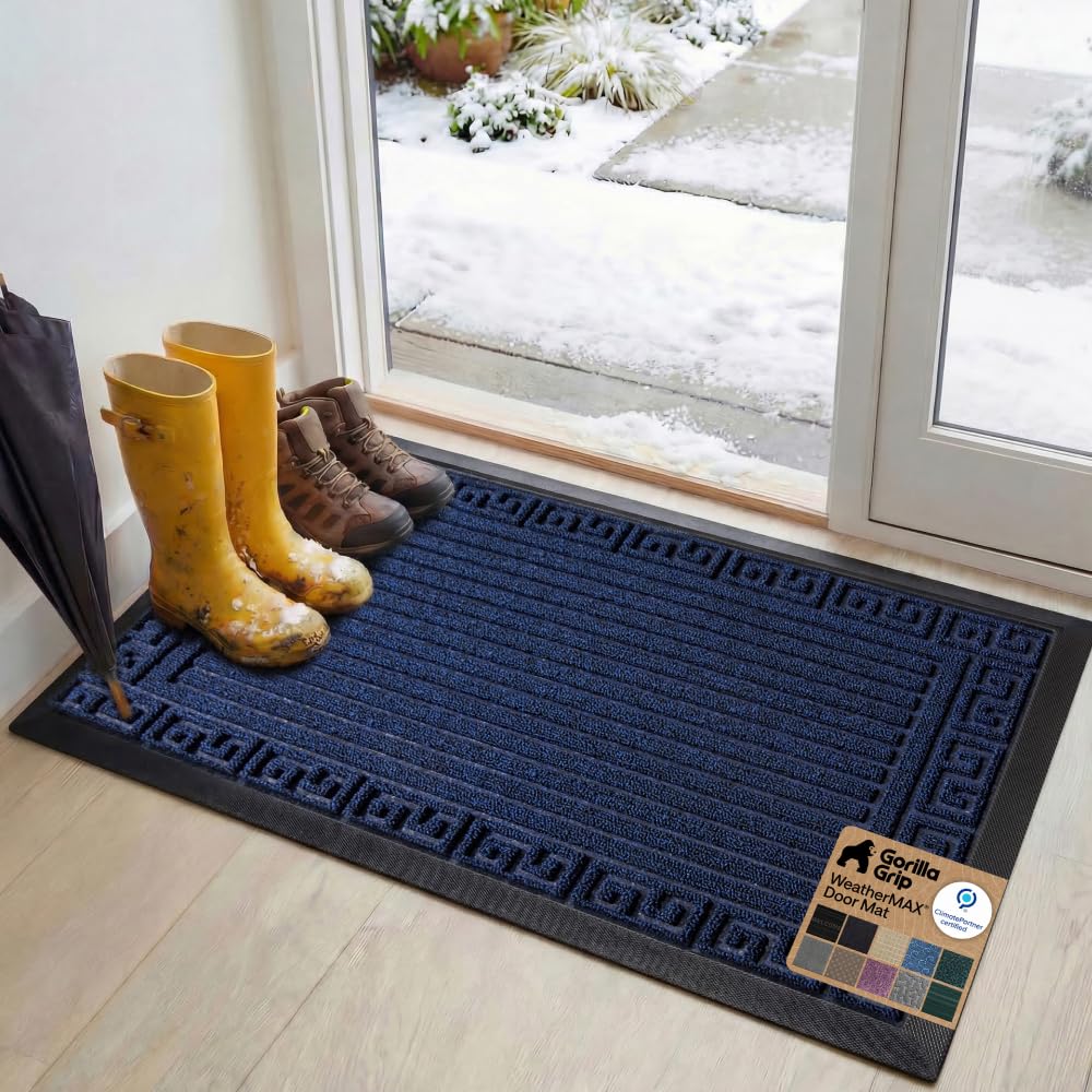 GORILLA GRIP 100% Waterproof All-Season WeatherMAX Doormat US Designed Natural Rubber, Stain Fade Resistant, Low Profile Indoor Outdoor Door Mats, Easy Clean, 29x17 Gray Diamond