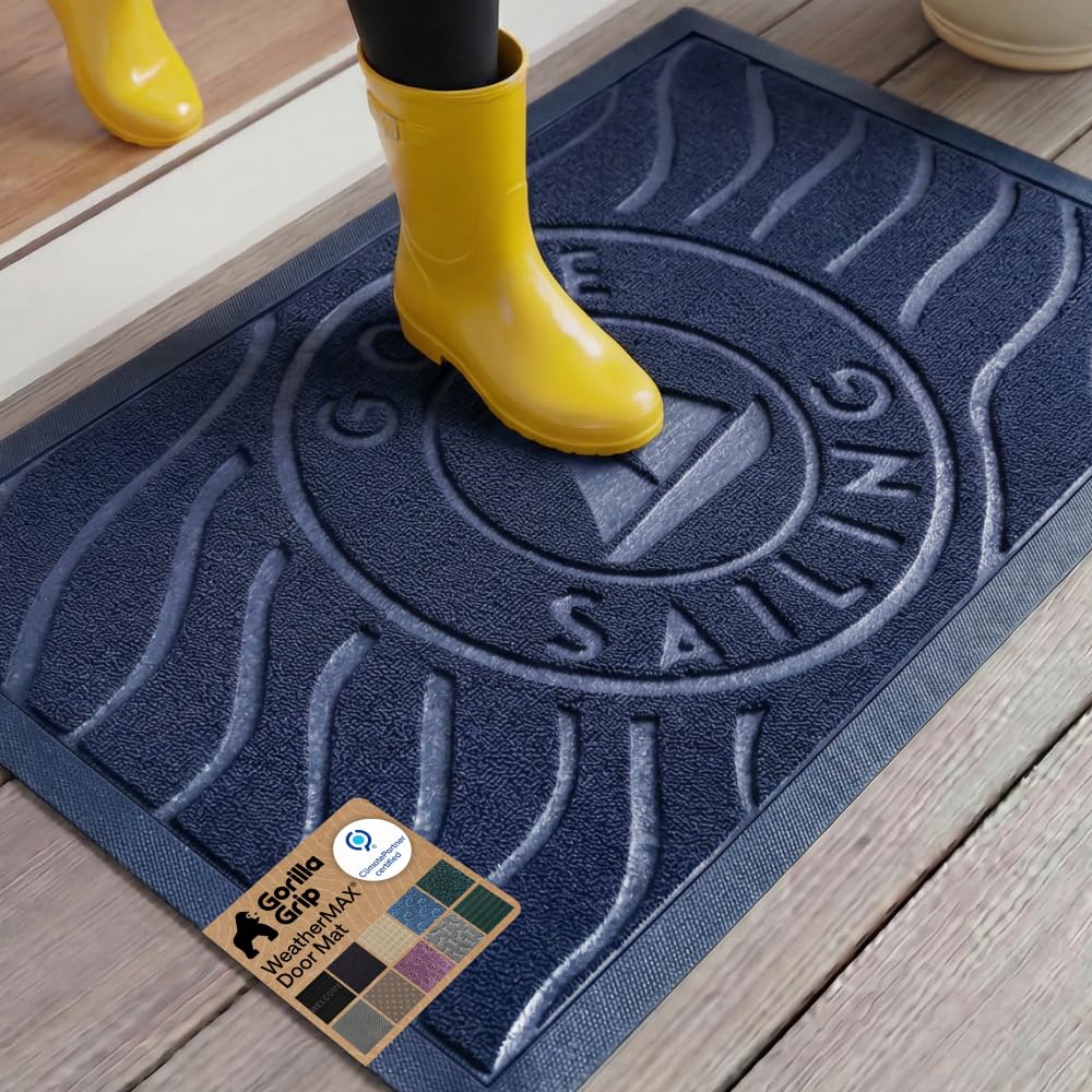 GORILLA GRIP 100% Waterproof All-Season WeatherMAX Doormat US Designed Natural Rubber, Stain Fade Resistant, Low Profile Indoor Outdoor Door Mats, Easy Clean, 29x17 Gray Diamond