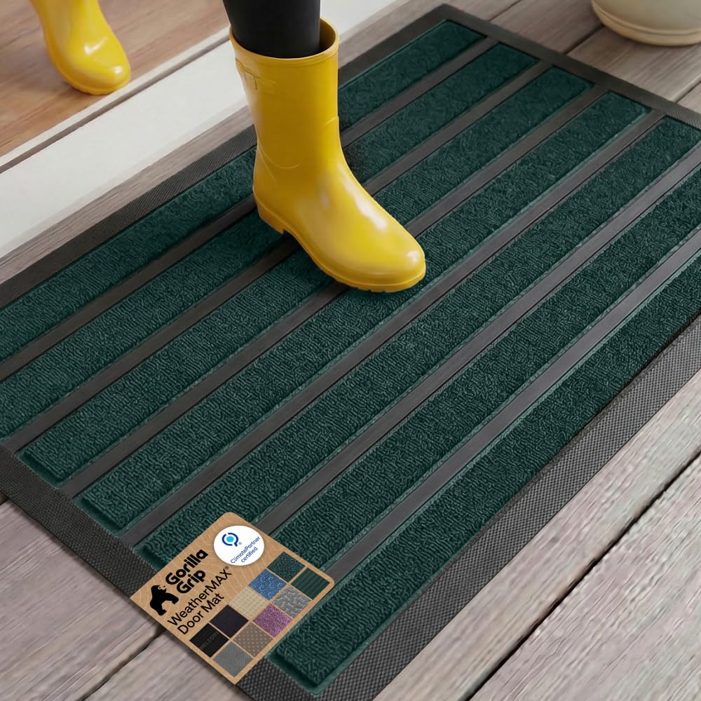 GORILLA GRIP 100% Waterproof All-Season WeatherMAX Doormat US Designed Natural Rubber, Stain Fade Resistant, Low Profile Indoor Outdoor Door Mats, Easy Clean, 29x17 Gray Diamond