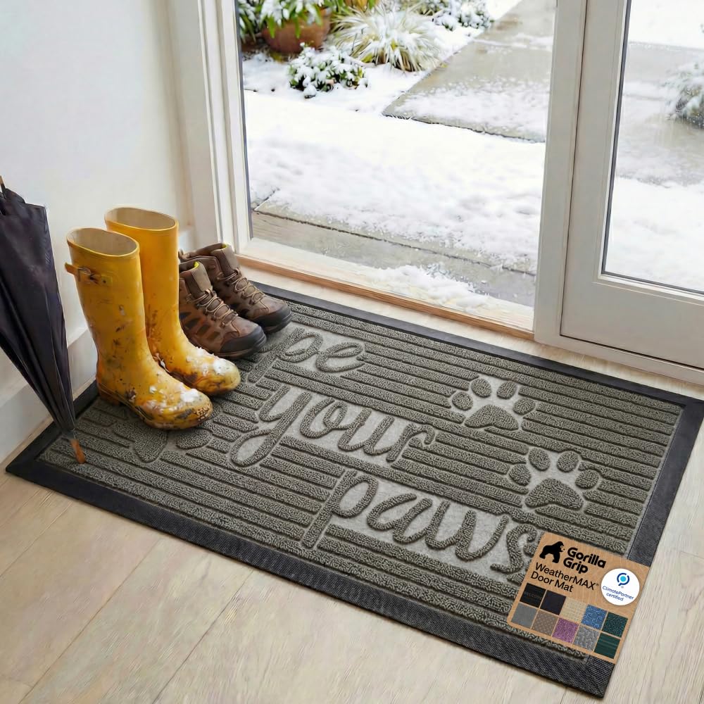 GORILLA GRIP 100% Waterproof All-Season WeatherMAX Doormat US Designed Natural Rubber, Stain Fade Resistant, Low Profile Indoor Outdoor Door Mats, Easy Clean, 29x17 Gray Diamond