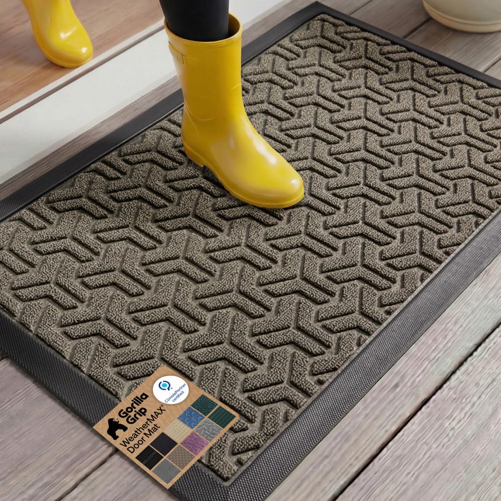 GORILLA GRIP 100% Waterproof All-Season WeatherMAX Doormat US Designed Natural Rubber, Stain Fade Resistant, Low Profile Indoor Outdoor Door Mats, Easy Clean, 29x17 Gray Diamond