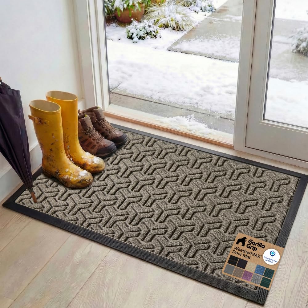 GORILLA GRIP 100% Waterproof All-Season WeatherMAX Doormat US Designed Natural Rubber, Stain Fade Resistant, Low Profile Indoor Outdoor Door Mats, Easy Clean, 29x17 Gray Diamond