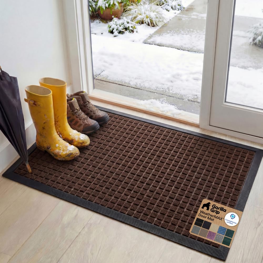 GORILLA GRIP 100% Waterproof All-Season WeatherMAX Doormat US Designed Natural Rubber, Stain Fade Resistant, Low Profile Indoor Outdoor Door Mats, Easy Clean, 29x17 Gray Diamond