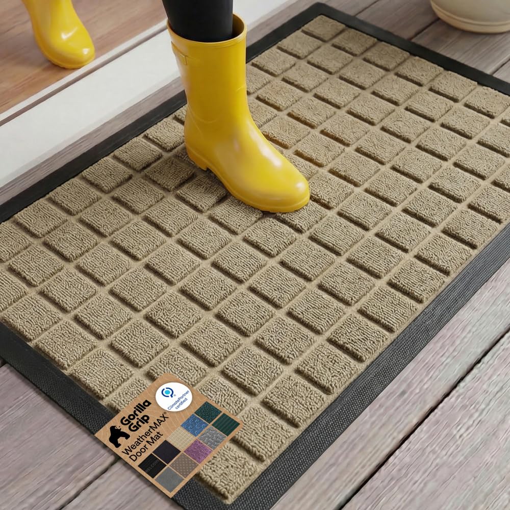GORILLA GRIP 100% Waterproof All-Season WeatherMAX Doormat US Designed Natural Rubber, Stain Fade Resistant, Low Profile Indoor Outdoor Door Mats, Easy Clean, 29x17 Gray Diamond