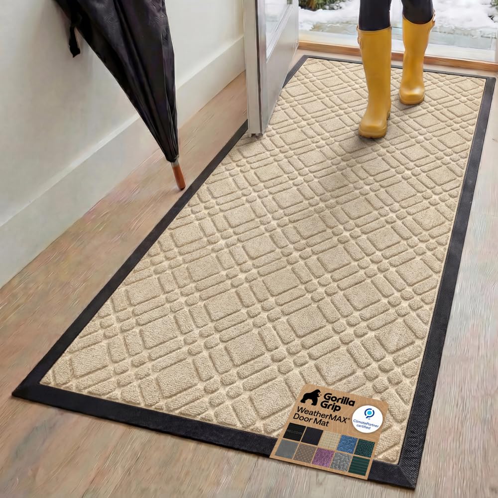 GORILLA GRIP 100% Waterproof All-Season WeatherMAX Doormat US Designed Natural Rubber, Stain Fade Resistant, Low Profile Indoor Outdoor Door Mats, Easy Clean, 29x17 Gray Diamond