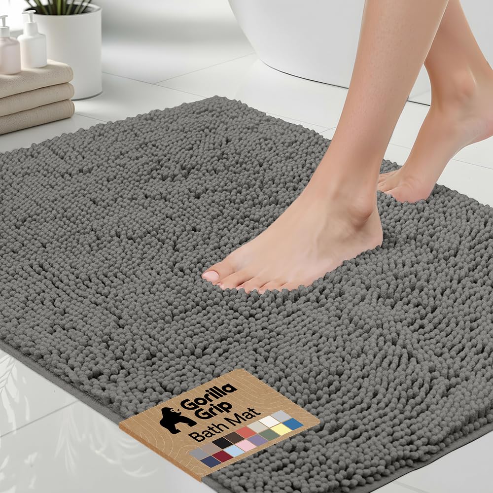 GORILLA GRIP Bath Rug Mat 36x24, Thick Soft Absorbent Chenille, Quick Dry Microfiber Mats, Rubber Backing Washable Shower Floor Rugs, Bathmat Runner, US Designed Bathroom Home Decor Accessories Grey