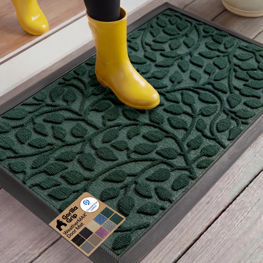 GORILLA GRIP 100% Waterproof All-Season WeatherMAX Doormat US Designed Natural Rubber, Stain Fade Resistant, Low Profile Indoor Outdoor Door Mats, Easy Clean, 29x17 Gray Diamond