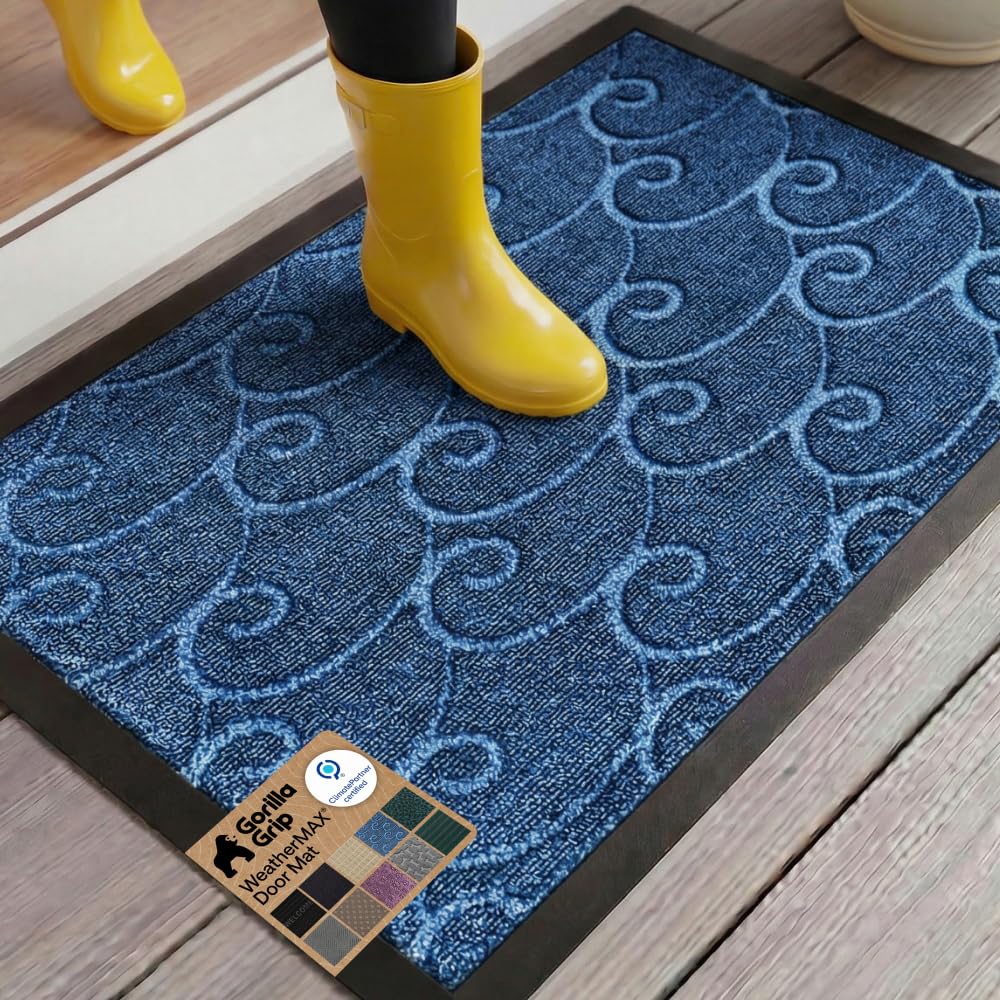 GORILLA GRIP 100% Waterproof All-Season WeatherMAX Doormat US Designed Natural Rubber, Stain Fade Resistant, Low Profile Indoor Outdoor Door Mats, Easy Clean, 29x17 Gray Diamond