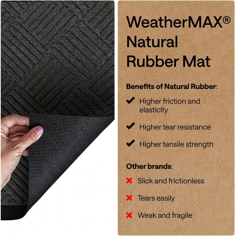 GORILLA GRIP 100% Waterproof All-Season WeatherMAX Doormat US Designed Natural Rubber, Stain Fade Resistant, Low Profile Indoor Outdoor Door Mats, Easy Clean, 29x17 Gray Diamond