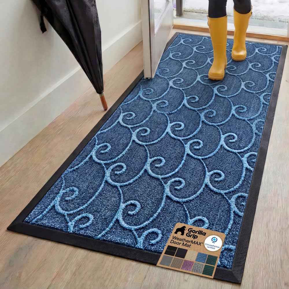 GORILLA GRIP 100% Waterproof All-Season WeatherMAX Doormat US Designed Natural Rubber, Stain Fade Resistant, Low Profile Indoor Outdoor Door Mats, Easy Clean, 29x17 Gray Diamond